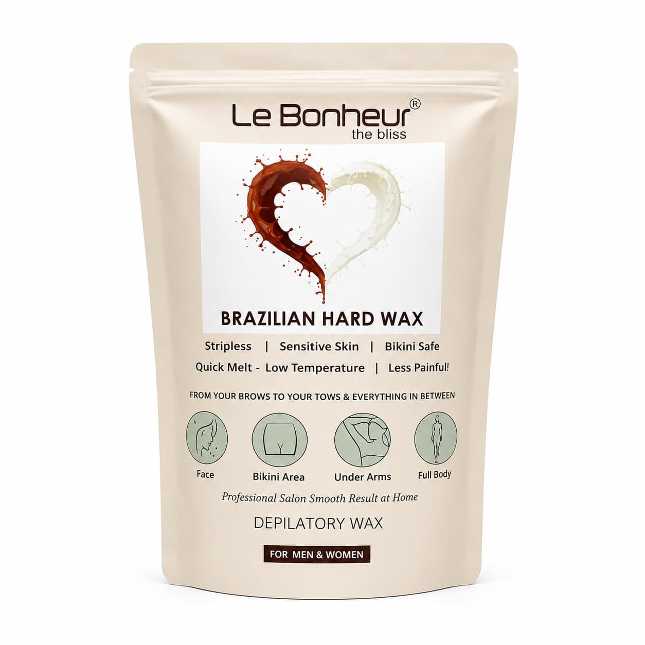 Le Bonheur Stripless Brazilian Liposoluble Wax | Removes hair from the root with minimal breakage | Face - Upper Lips - Arms - Legs - Bikini Line - Underarms and Full Body | Men & Women | 250gm