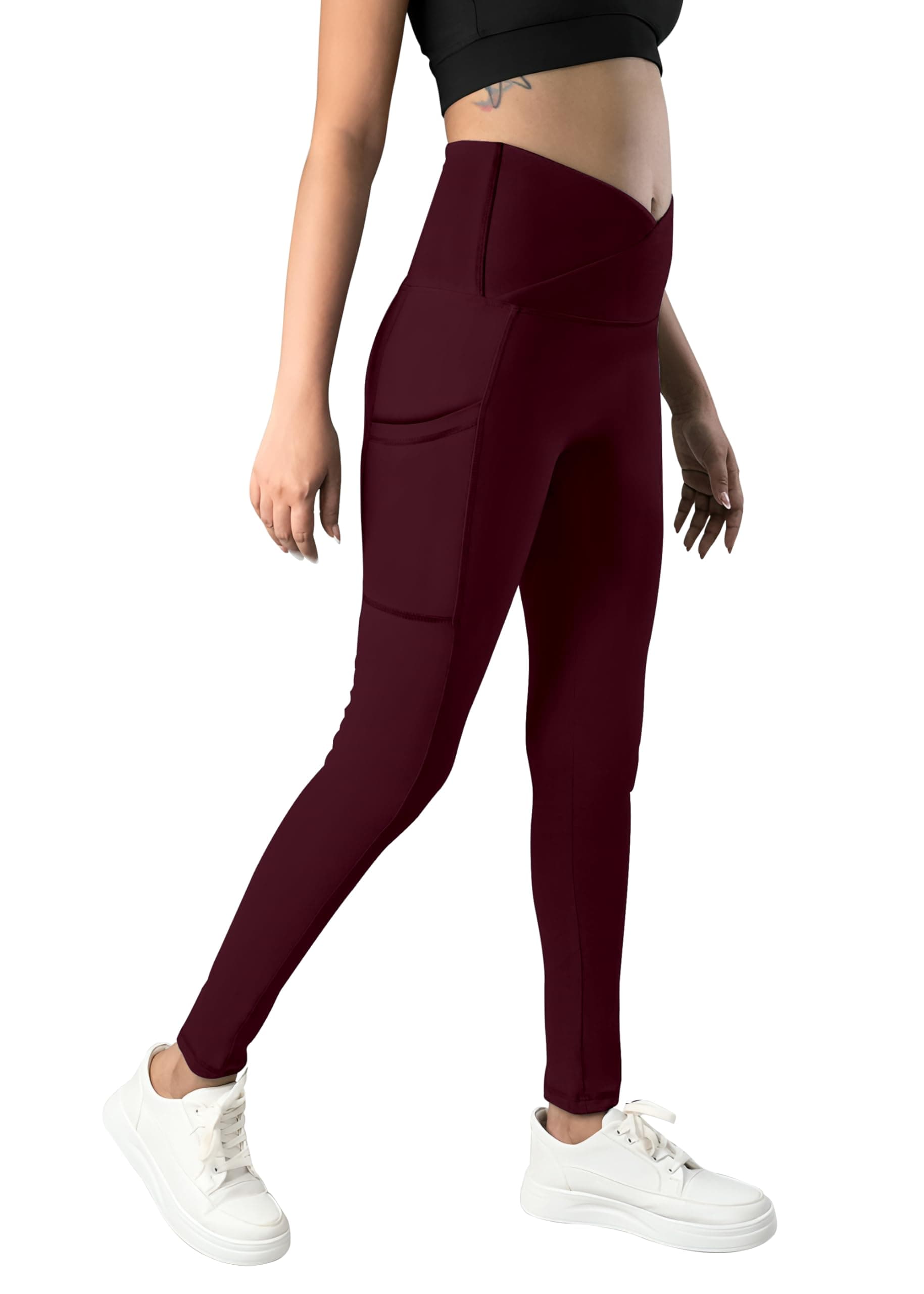 Mehrang High Waist Yoga Leggings, Purple, Cross Belt Waistband, Workout Athletic Pants with Tummy Control
