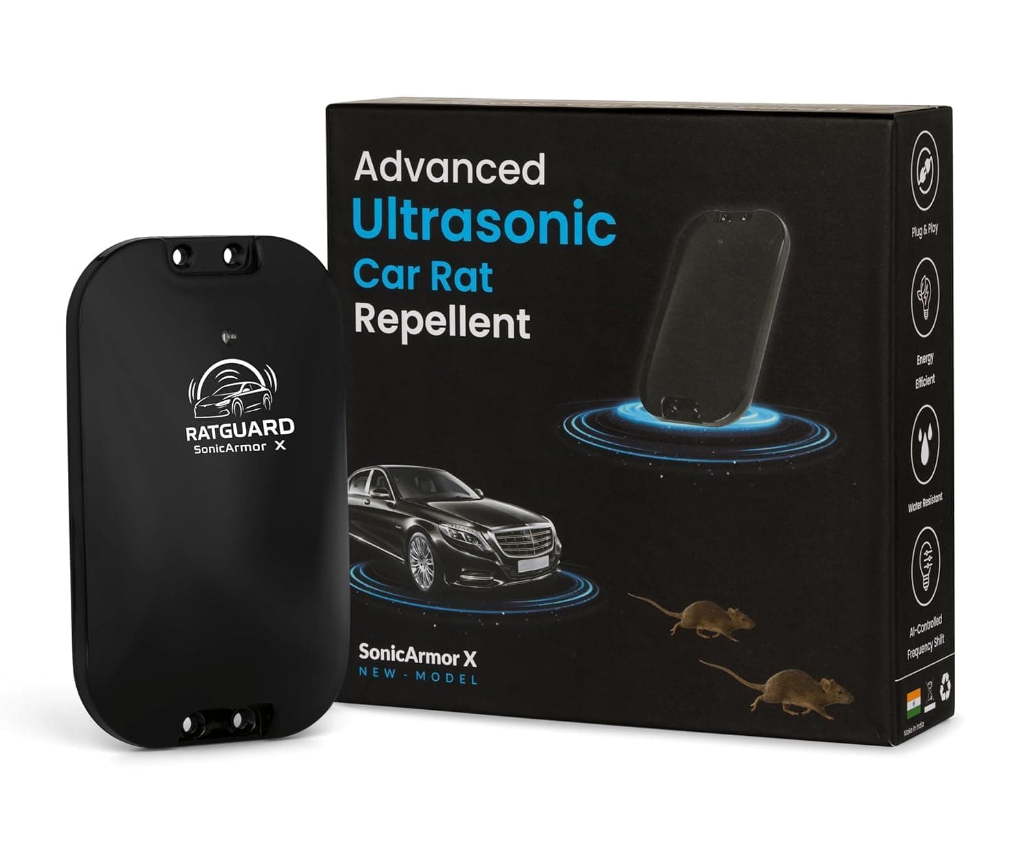 RATGUARD SonicArmor X Ultrasonic Rat Repellent for Car Engine | 12V Battery Powered | AI Smart Frequency | 24/7 Engine Protection | Heat Resistant 120°C | Low Power 5W | 2 Year Warranty