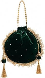 Generic Emerald Green Velvet Potli Bag with Pearl Embellishments
