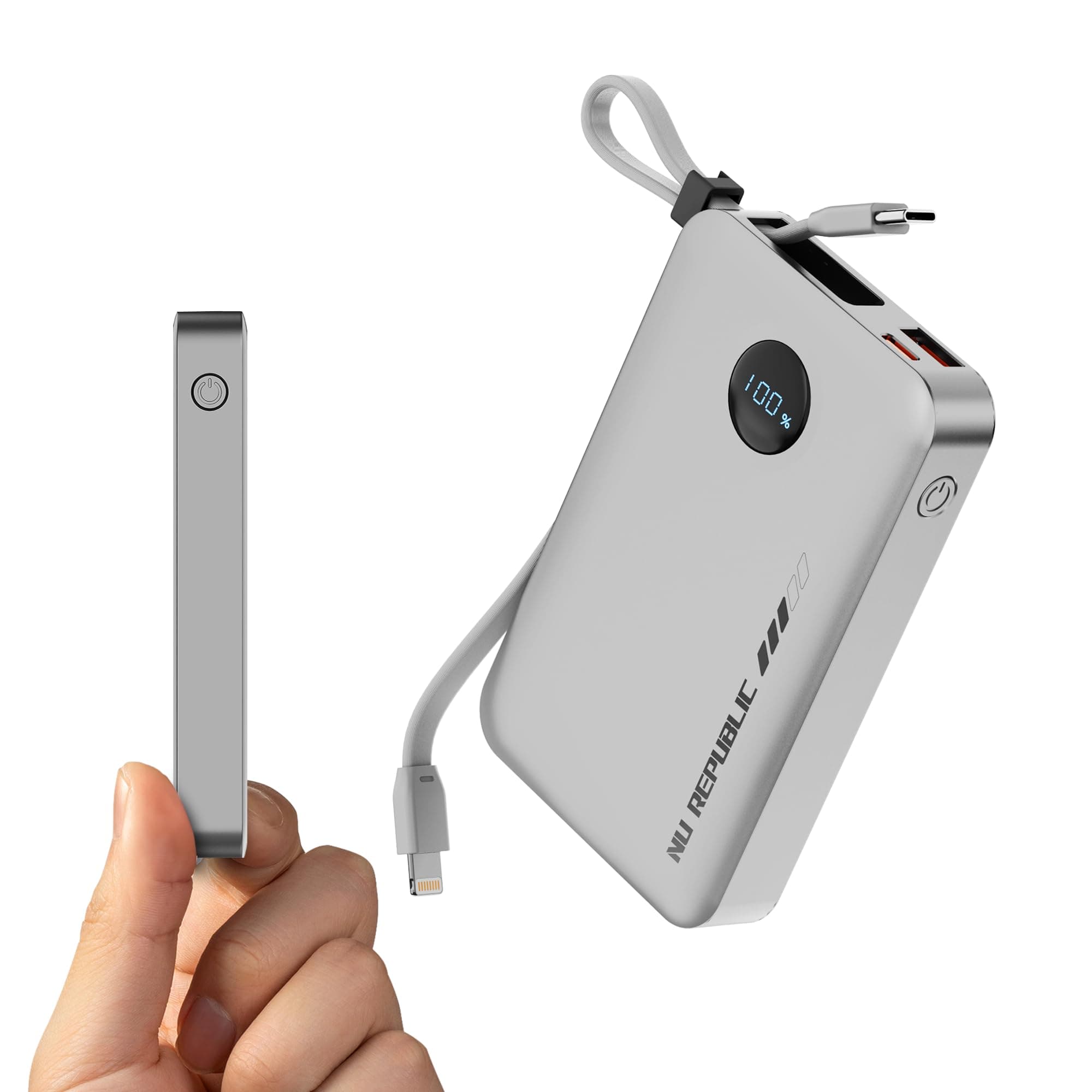 Nu Republic Powerpop X4 10000mAh 22.5W Power Bank, Built-in Type-C & Lightning Cables, 4 Outputs, Quick Charge 3.0, PD Fast Charging, LED Display, Aluminium Body (Silver)