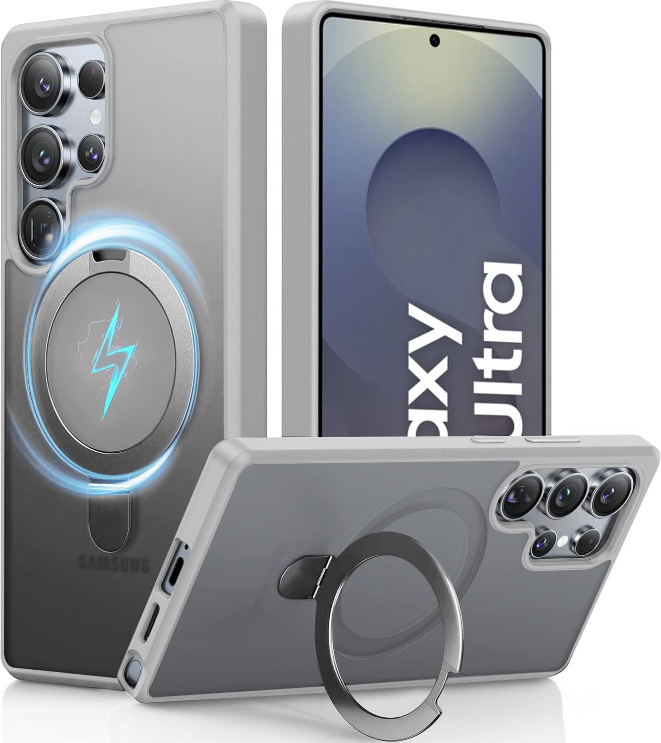 AIBEX Back Cover for Samsung S25 Ultra with OStand Ring Kickstand | Mag-Saf Compatible Magnetic Metal Alloy Ring | Wireless Charging| Slim Thin Scratch Resistant Armor|Shockproof Protective Case- Grey