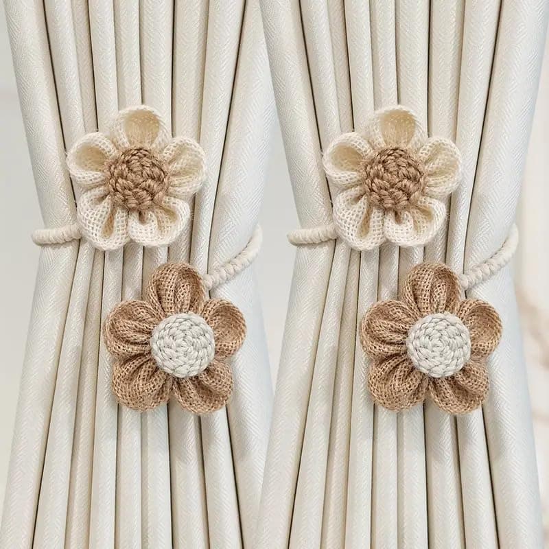 JAZLOG Catchy Rope White & (Set of Brown Holders Holdback 2) Curtains Tieback Drapery Jute Tiebacks. Natural Decorative Window Neutral Combo Curtains Floral Curtain Beautiful