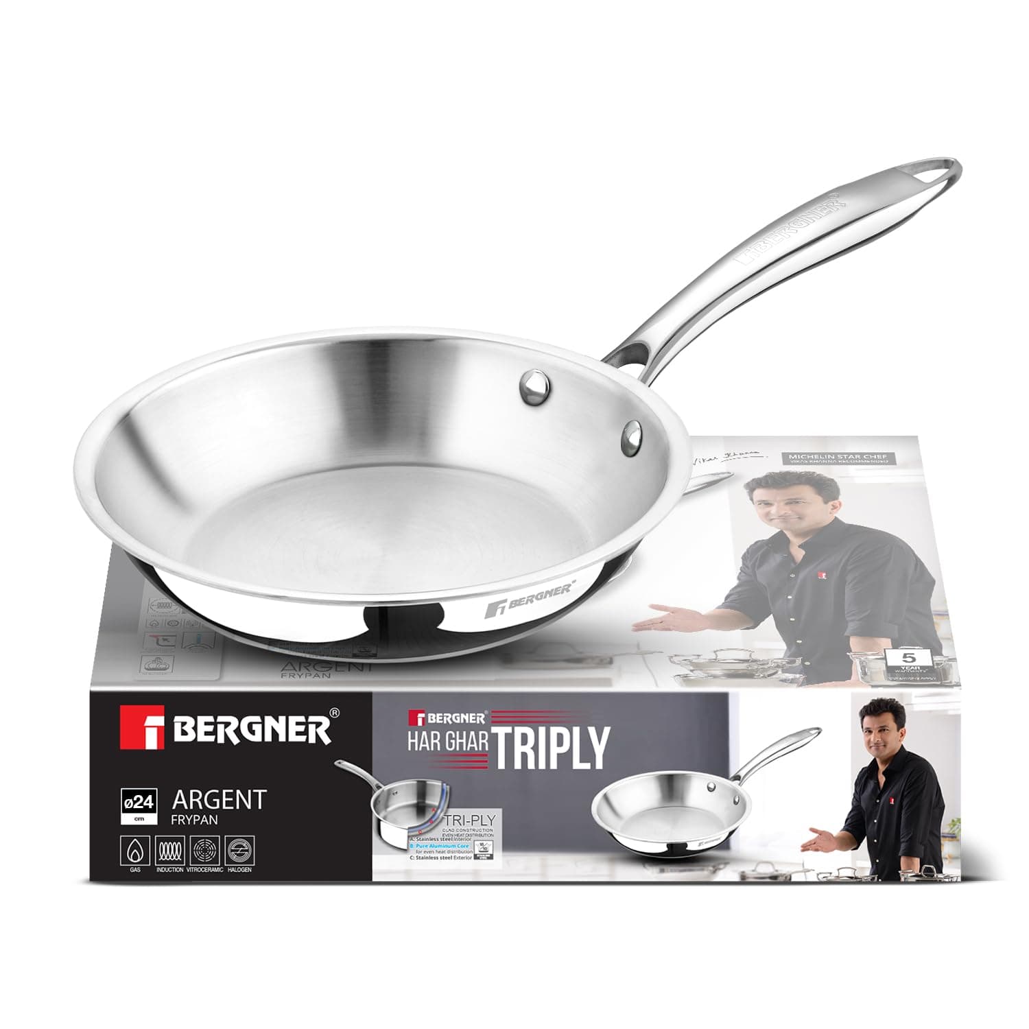 BERGNER Argent TriPly 24cm Frypan/Steel Pan, Scratch Resistant, for Spice Tempering/Seasoning, Less Oil Use, Healthy Cooking, Stay Cool Long Handle, Easy to Clean - Induction and Gas Stove Ready