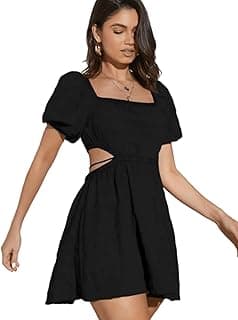 Aahwan Women's & Girl's Fit and Flare Black Solid Summer Beach Square Neck Puff Sleeve Cut Out Waist Mini Dress