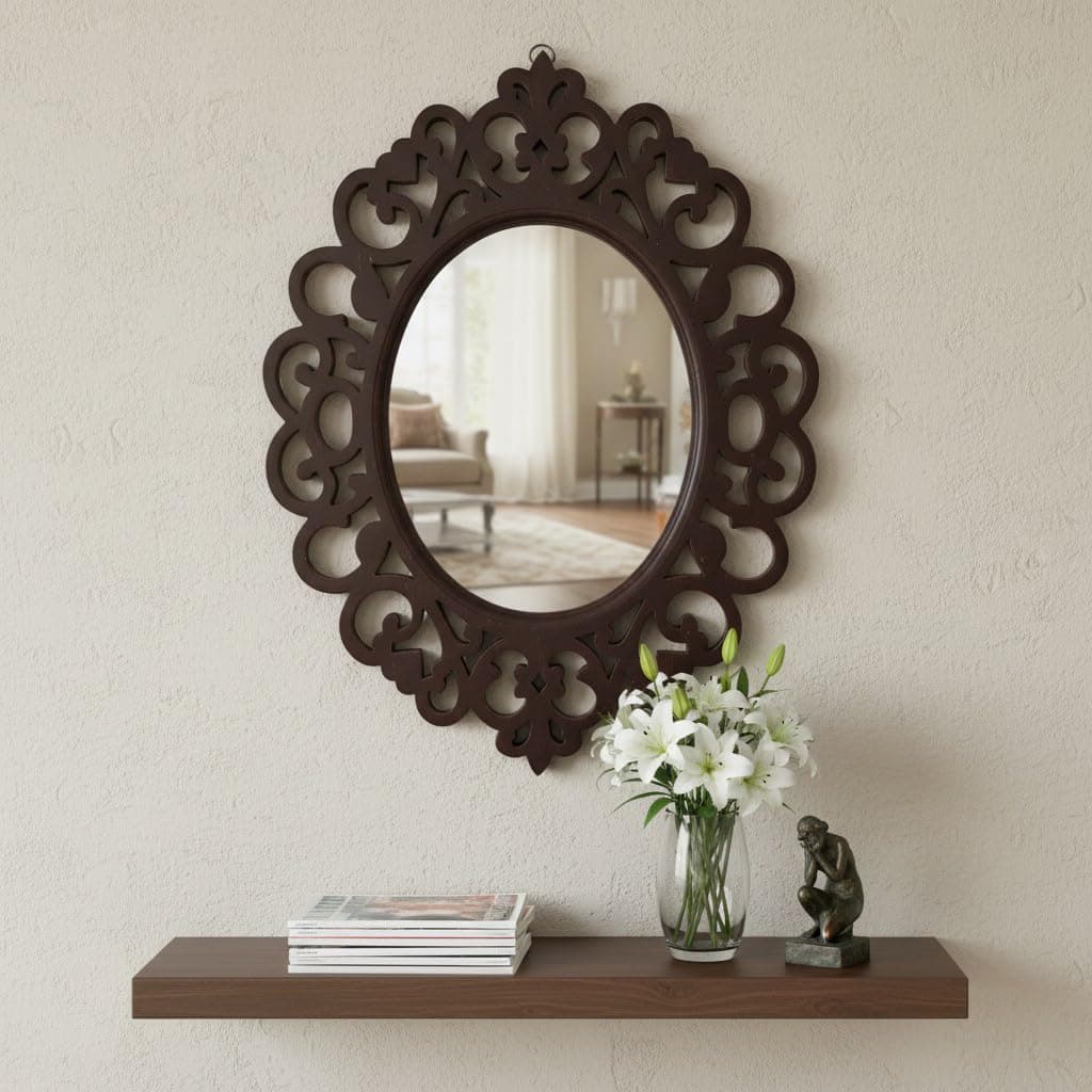 THE URBAN STORE Wall Mirror Wooden Walnut Color 18"x14" Pack of One Victorian Style Elegantly Hand Crafted Floral Carving Mirror for Home and Office Décor TUSMR47