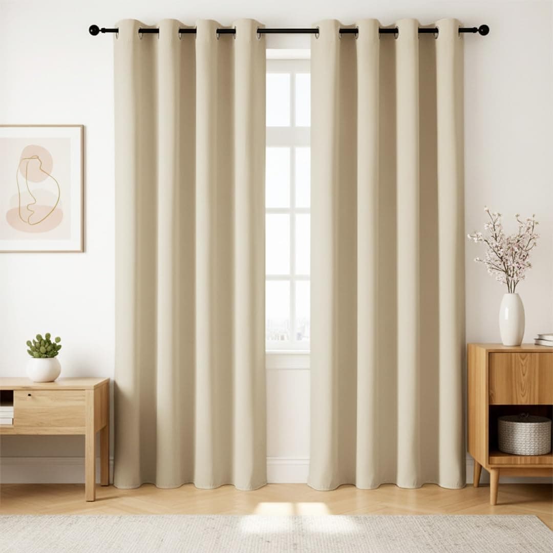 HOMEMONDE 70% Light Blocking Long Door 8 Feet Solid Curtains - Heavy Faux Silk Blackout Drapes Pack of 4, Thermal Insulation, Hangs with Eyelet - (Beige - 96 Inches)