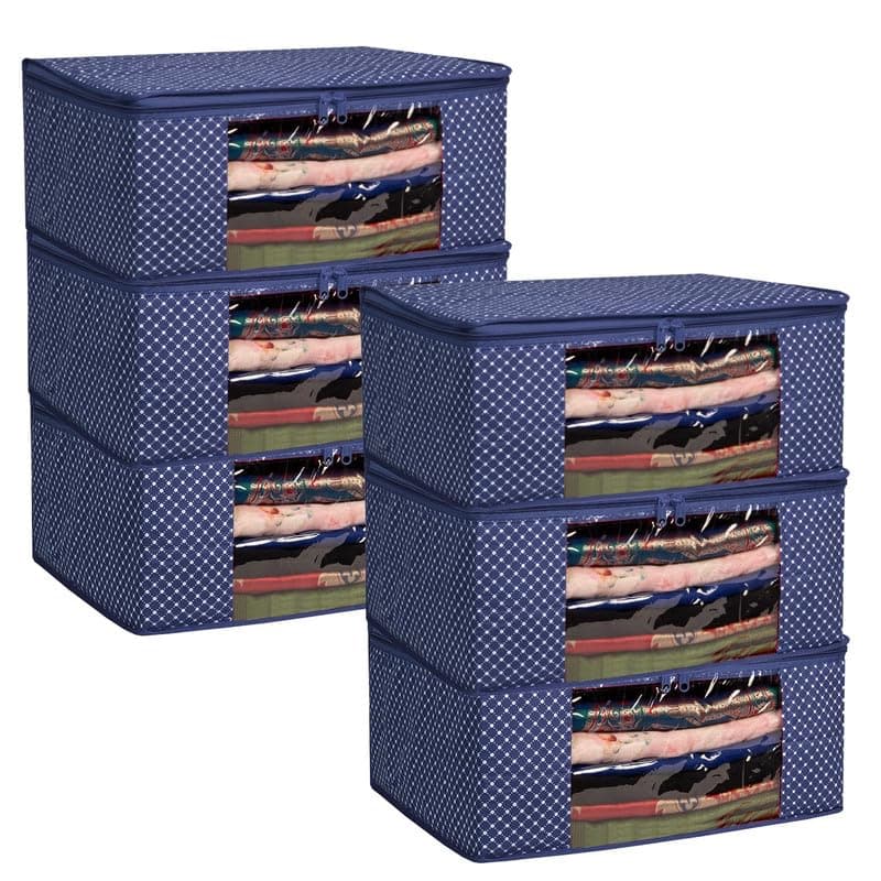 Homestrap Set of 6 Cotton Quilted Saree Covers | 3-Layered Foldable Storage Bags with Transparent Window & Zip | Premium Wardrobe Organizer for Sarees, Lehengas, Dresses | Navy Blue