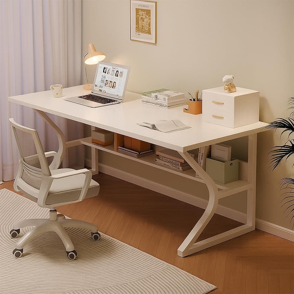 Klaxon Wood and Metal Study Table with Open Shelf, 150 cm Computer Desk and Writing Table for Home Office and Students, Engineered Wood Top with Metal Frame, 1 Year Warranty (Arko White WOI)