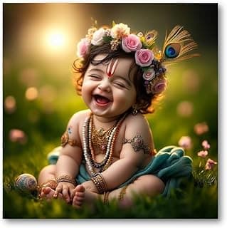 BLACKARTO Hindu Deity Baby Krishna 12" x 12" Photo Posters For Pregnant Women, Self Adhesive Premium Matte Vinyl Cute Bal Gopal Full HD Poster For Room Decoration 30 x 30 cms (Art-B, Pack Of 1)