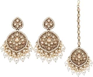 Chandbali Earrings and Maang Tikka Set with Pearl Drops