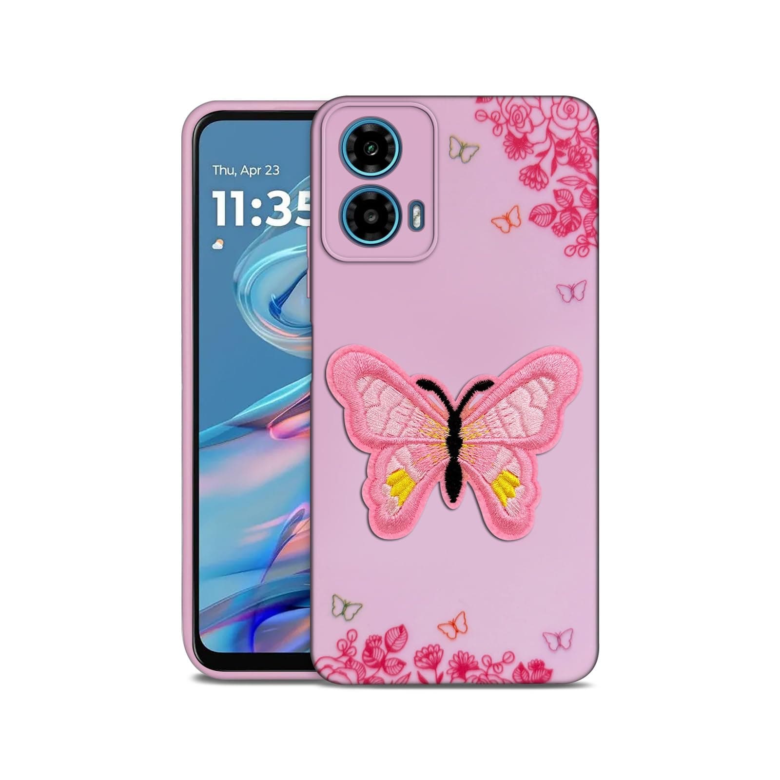 Amazon Brand - Solimo 3D Butterfly Embroidered | Fancy | Flexible | Slim Fit | Soft Back Cover for Motorola Moto G45 5G - Pink