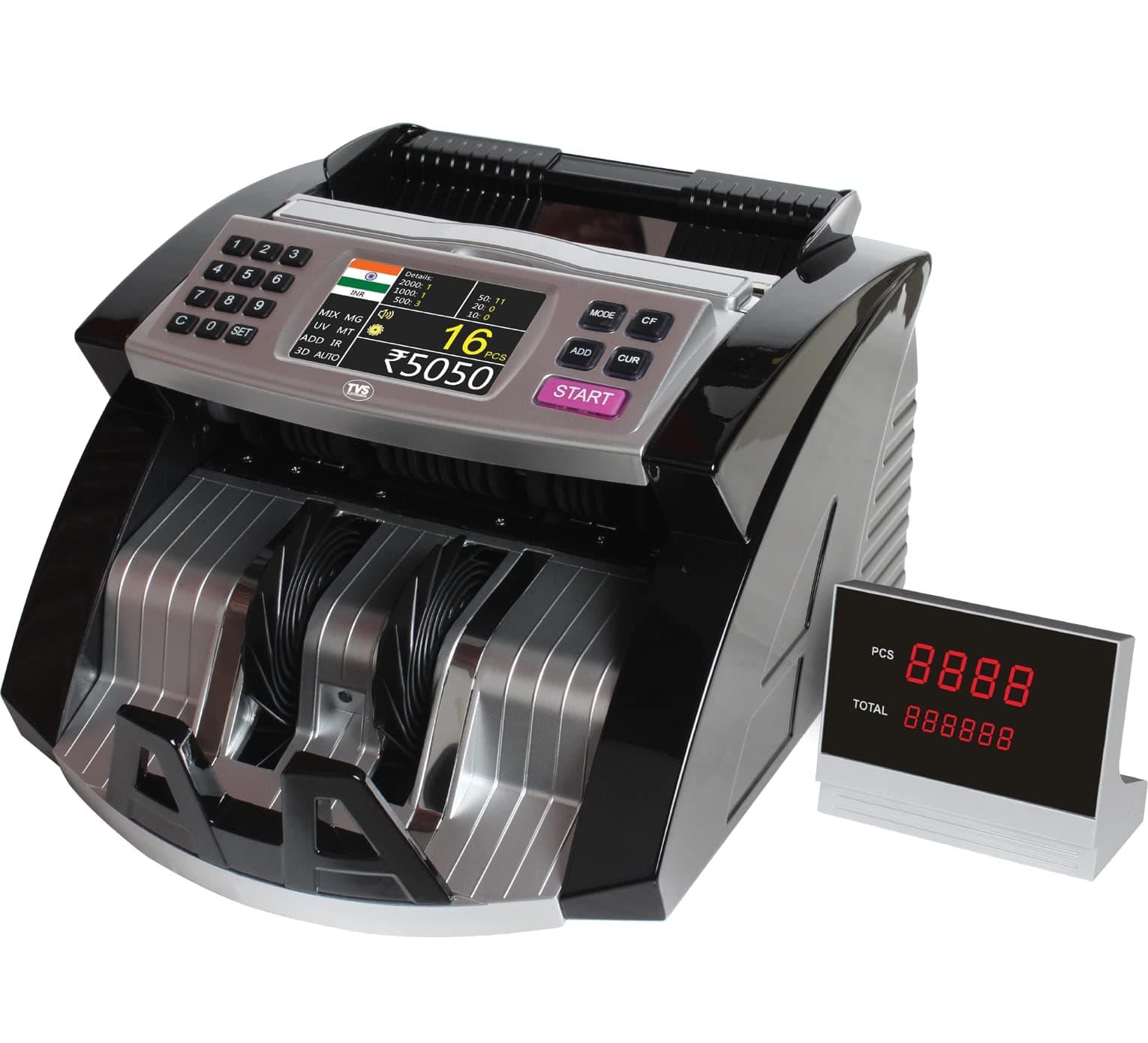 TVS Electronics CC-453 Star+ Mixed Value Currency Counter with TFT Display |Fake Note Detection (UV/MG/IR/3D/Color Sensor) |Auto Start/Stop, Batch, Add, Denomination Sort, Self-Check |External Display