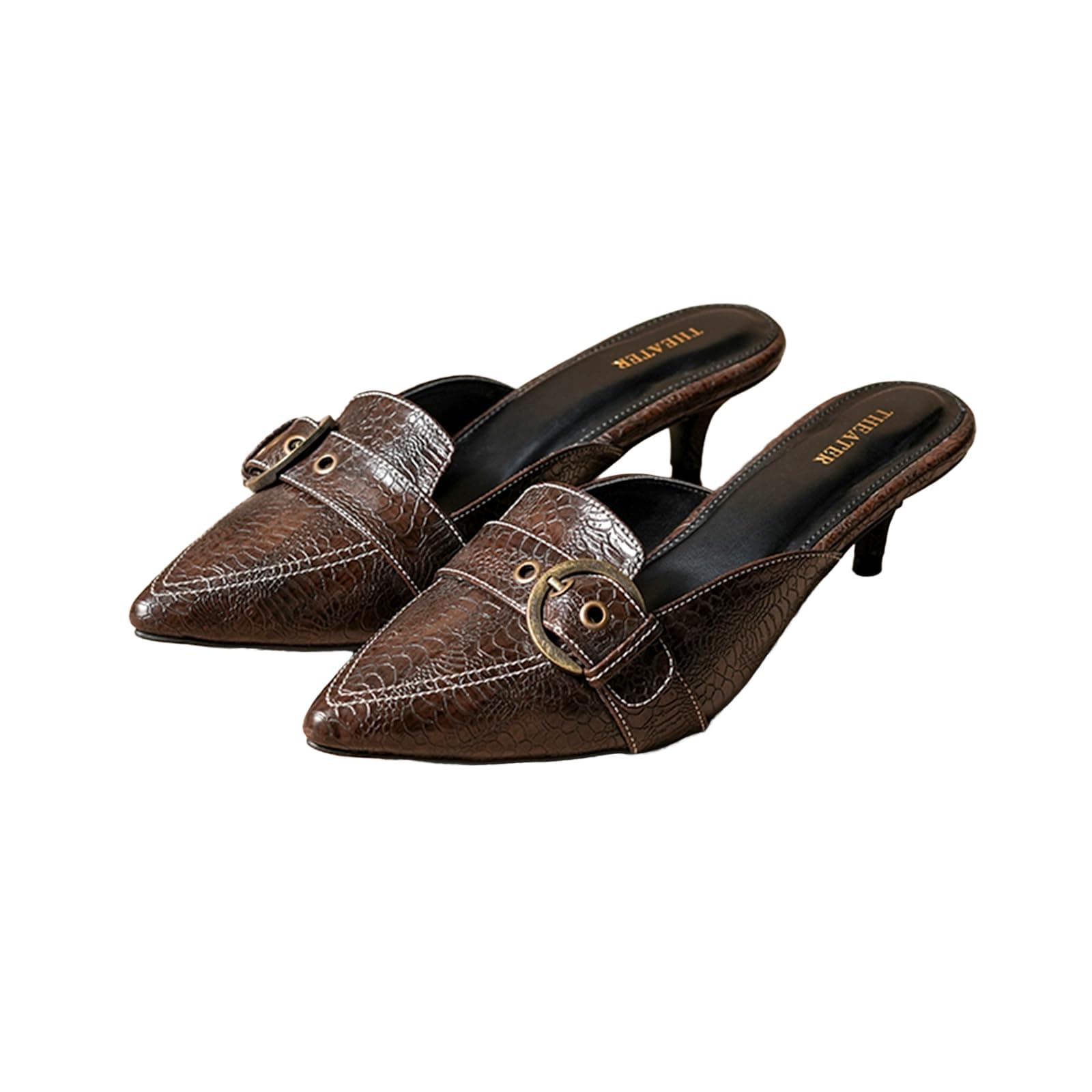 Theater Women Pointed-Toe Mule Heels | Slip-On Kitten Heels with Gold Buckle | Elegant & Comfortable Sandals for Work, Office & Smart Casual Wear