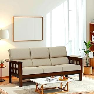 Royaloak Sepang Wooden 3 Seater Sofa with Beige Colour Cushion| Solid Wood| Fabric Cushion Covers | Moulded Foam Cushions | Removable & Washable Cushion Covers | Supports Back