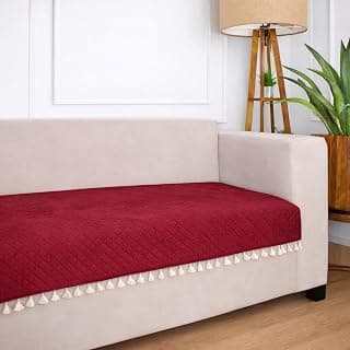 STITCHNEST 3 Seater Quilted Velvet Sofa Cover with Tassels | Elegant Maroon Sofa Protector for Living Room | Soft, Washable | Perfect for Enhancing Living Room Interiors