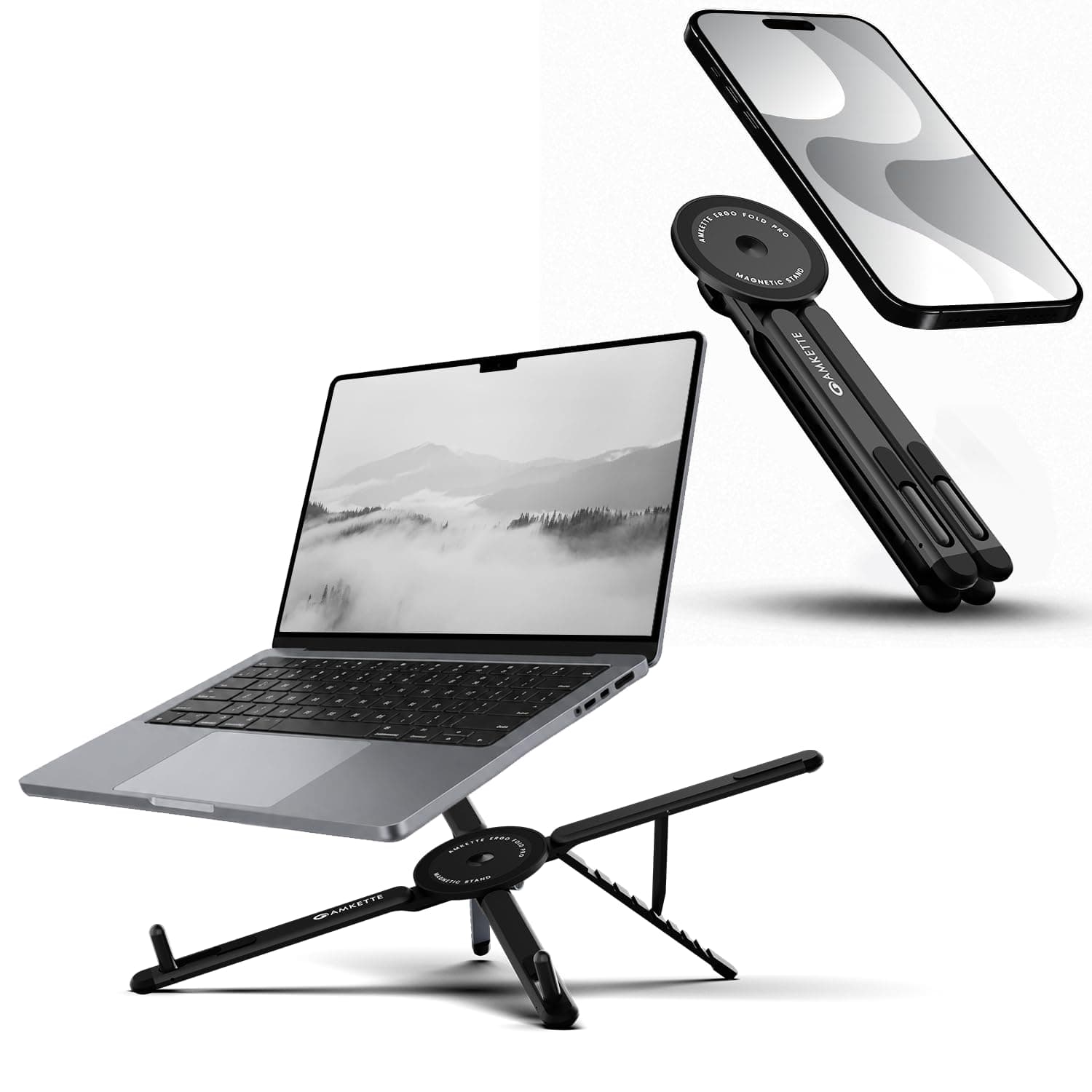 Amkette Ergo Fold Pro 4 in 1 Laptop Stand Metal for Phone, Tablet & Laptop, 8 Level Foldable Aluminium Laptop Stand with MagSafe Mount, 180° Rotating Design, Adjustable Viewing, Anti Slip Grip Black