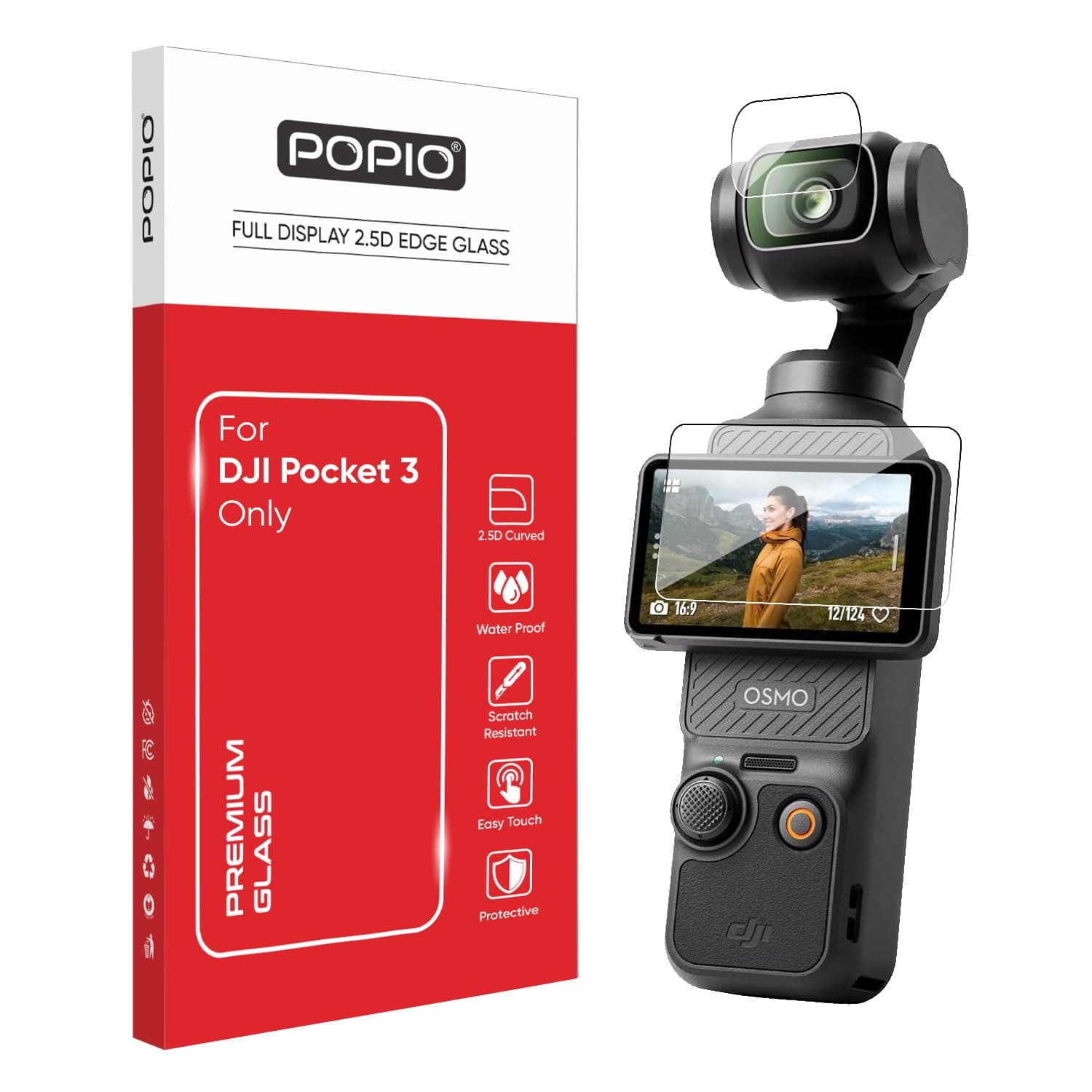 POPIO Military-Grade Gorilla Tempered Glass for DJI Osmo Pocket 3 / Pocket 4 (Transparent) Complete Set