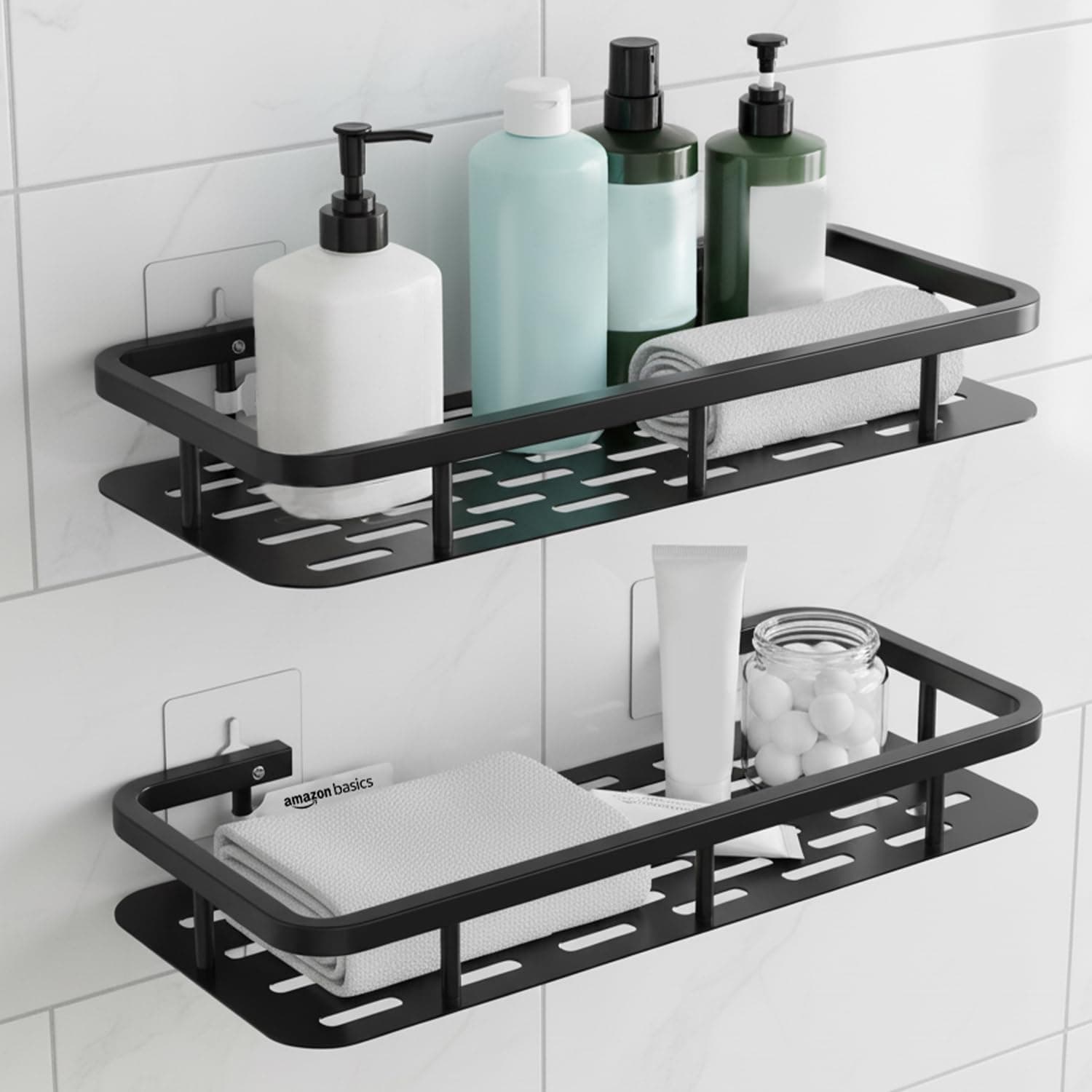Amazon Basics Wall Mounted Bath Rack – Self adhesive | Mild Steel Bathroom Organizer Shelf for Shampoo, Soap & Accessories | Rust-Resistant, Lightweight & Easy to Maintain – 30.1 x 13 x 4 cm, Pack of 2, Black
