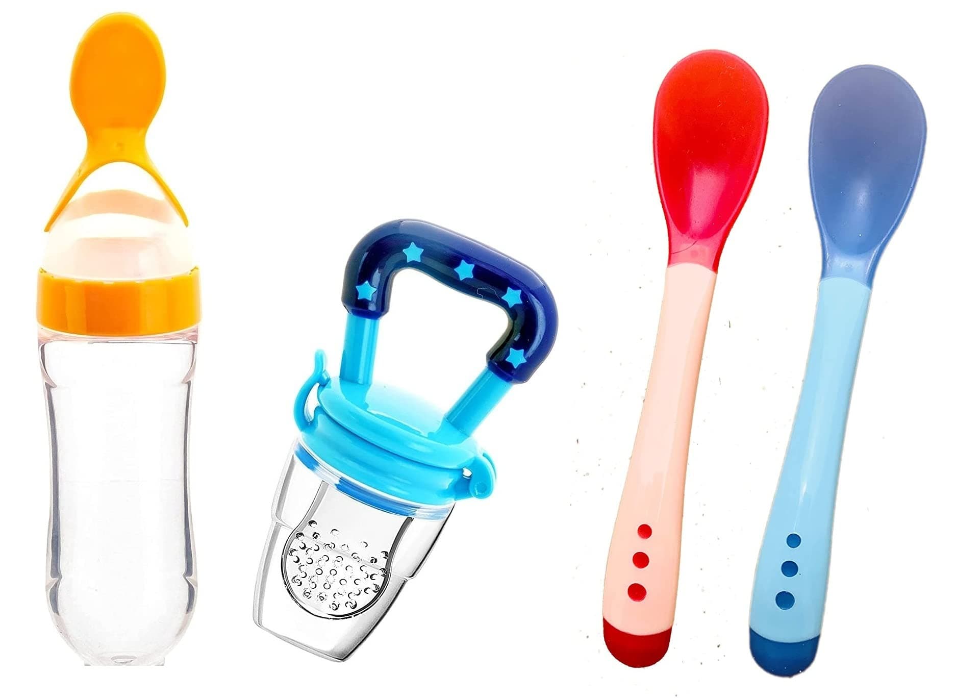 Manan Shopee Baby Feeding Set,Feeding Kit Needs Items All in One 1-Feeder 2 Color Changing Temper - Sensor Spoon and 1- Food Fruit Nibbler (Combo Pack) (Multicolor7)