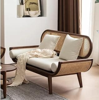 Rosewood Modern Rattan Sofa with Curved Arms, High-Density Foam, Rosewood Frame & Comfortable Seating for Living Bedroom, Hallways with Include Cushions (2 Seater)