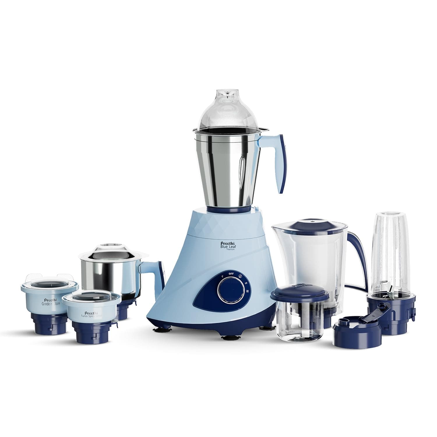 Preethi Blue Leaf Titanium 1000 Watts Mixer Grinder, 7 Jars (4 Stainless Steel Jars, Juicer, Blender), Superfine Grinding for Masalas, Chutneys and Batters, 2 Year Warranty, Lifelong Free Service,Blue