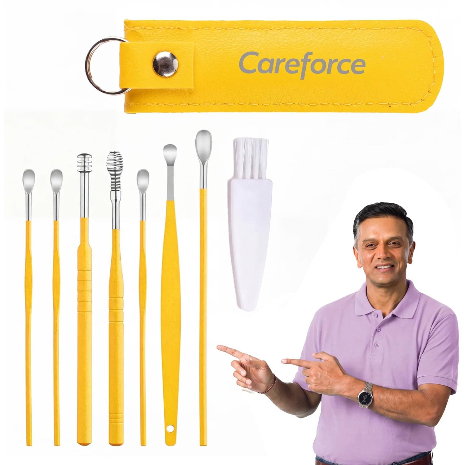 Careforce - The Force Behind Your Health Ear Cleaning Kit Steel Ear Cleaner Reusable Ear Wax Remover Tool Kit Set With Storage Pack, Ear Curette Cleaner And Spring Ear Buds Cleaner 6 Pcs Set Yellow