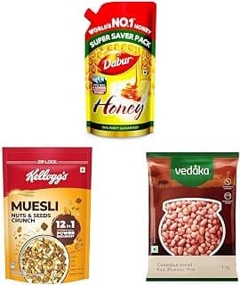 Dabur Honey - 750g || Kellogg's Muesli Nuts Delight 1000 G || Amazon Brand - Vedaka Raw Peanuts, Pink, 1kg