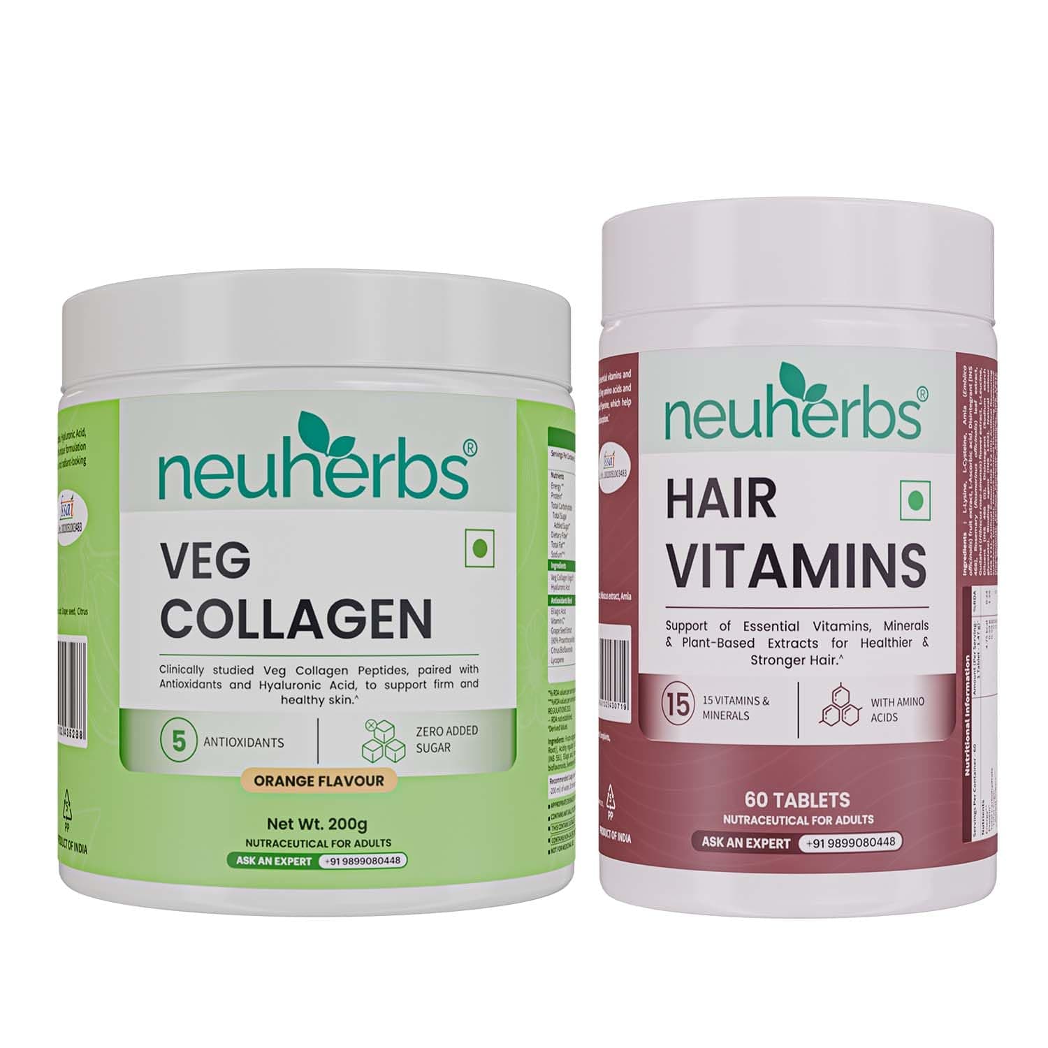 Neuherbs Collagen Supplement Powder- 200g and Hair Vitamin Supplement with Biotin (60 Capsules) - Combo Pack for Women & Men for Healthy Skin, Healthy Hairs & Shining Nails.