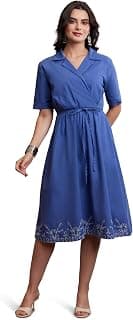Amazon Brand - Myx Women's Cotton Embroidered Shirt Dress | Below The Knee (Available in Plus Sizes)