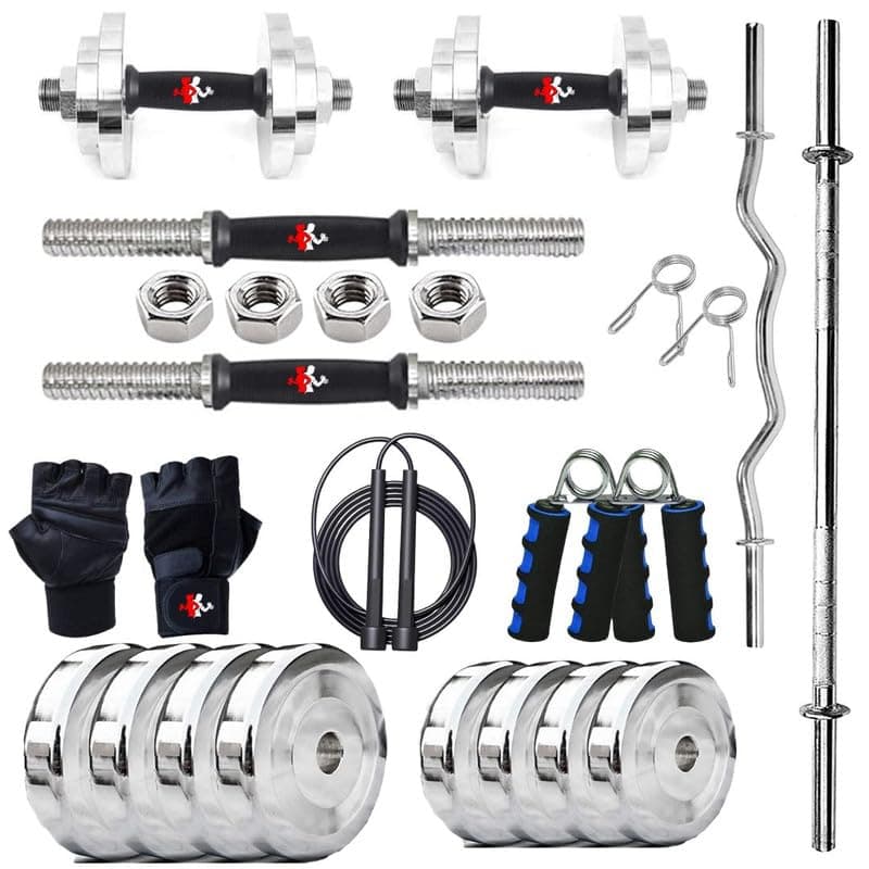 MUSCAZO FITNESS 50KG Steel Weight Plates Combo | Complete Home Gym Kit with 5Ft Straight Rod & 3Ft Curl Rod (23mm), Pair of Steel Dumbbell Rods, and Full Set of Workout Accessories for Strength Training
