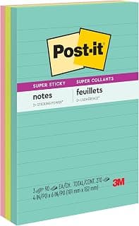 Post-It Super Sticky Notes, 4 x 6-Inches, Assorted Neon Colors, Lined, 3-Pads/Pack | School Supplies and Oﬃce Supplies, 2X the Sticking Power