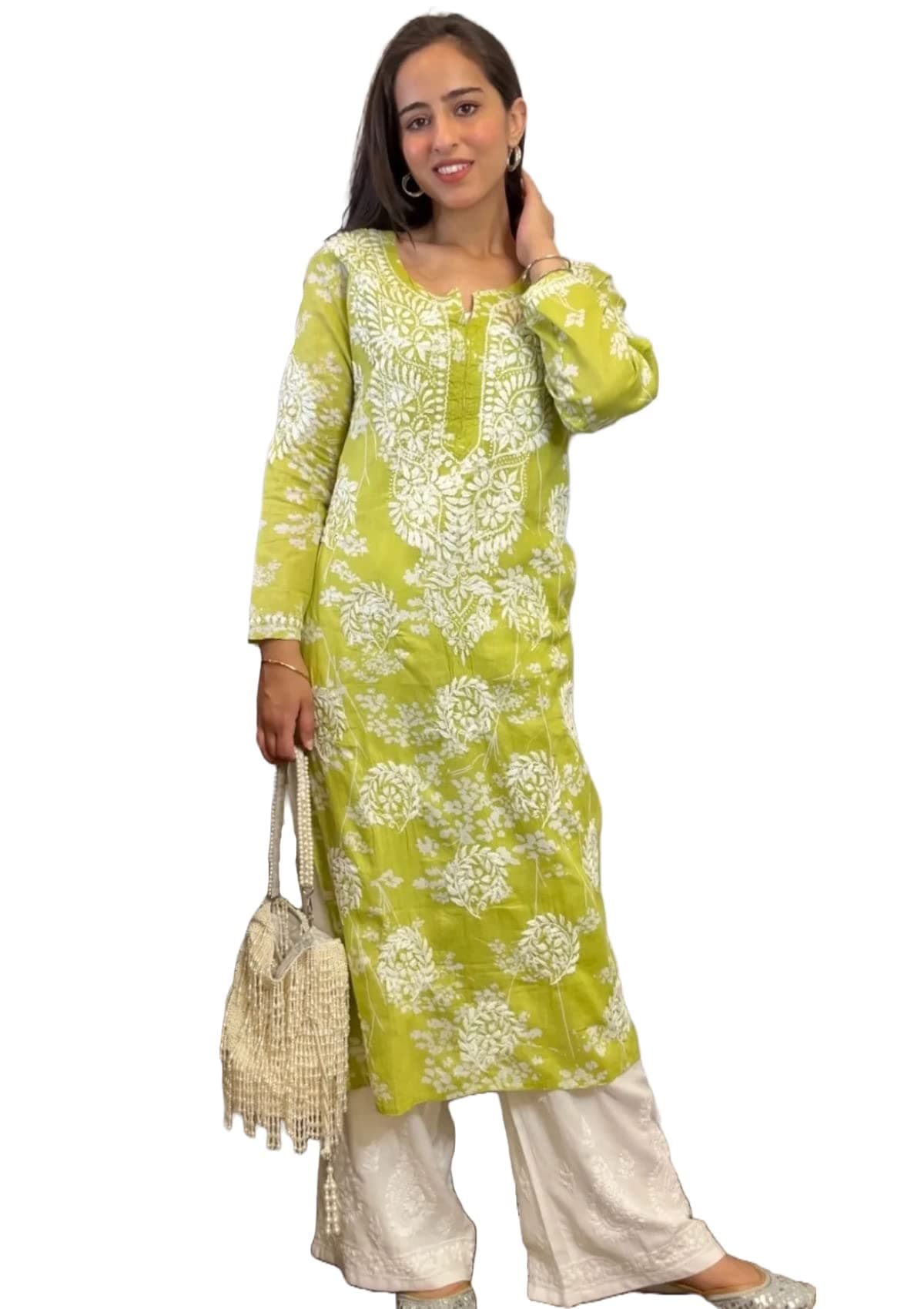 GoSriKi Cotton Blend Embroidered Straight Kurta for Women | Cotton Blend Pink | 3/4 Sleeve | Round Neck V-Slit | Ethnic Wear Casual Wear
