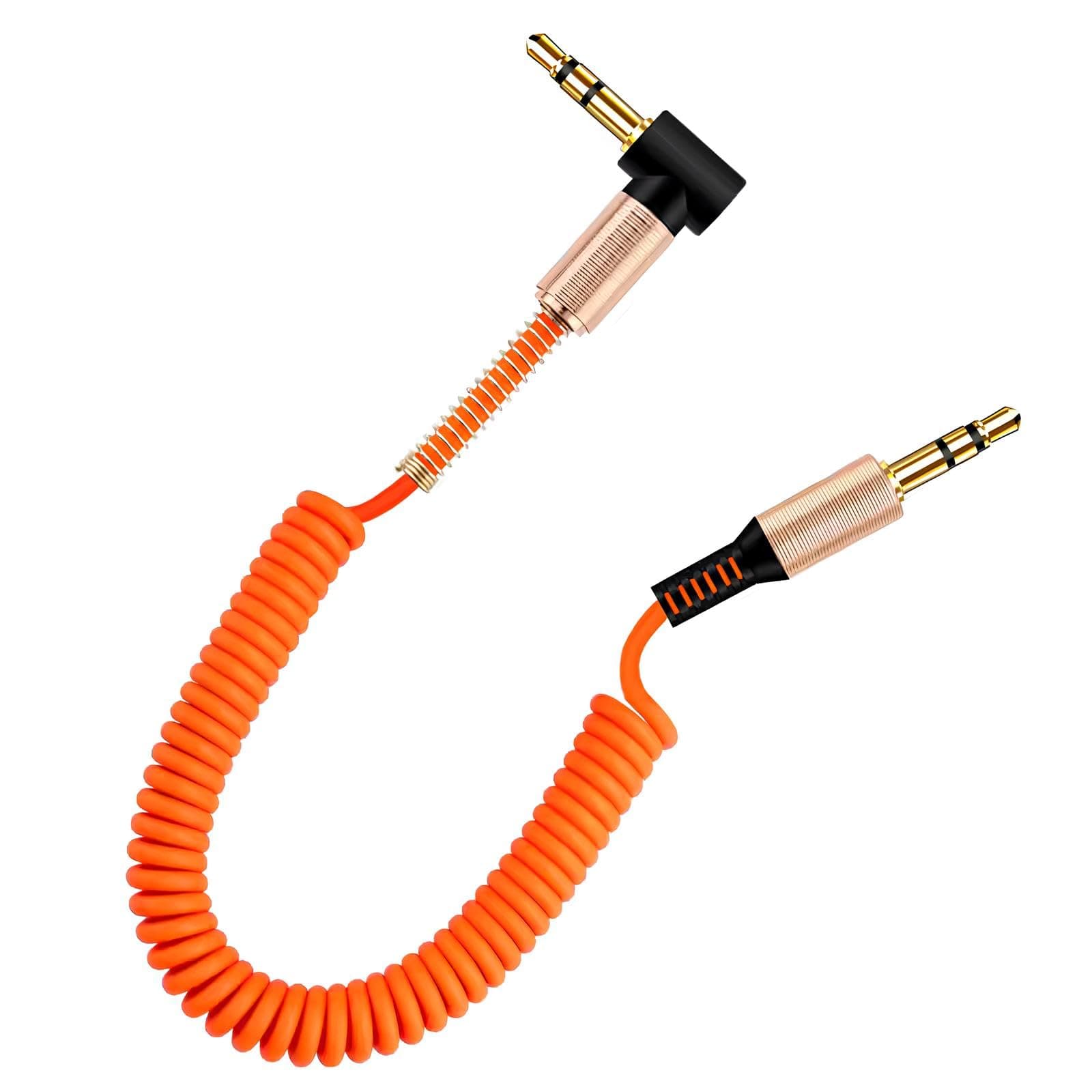 skysia 3.5mm AUX Cable – Spiral Spring Male-to-Male Audio Cord with 90° Right Angle Jack, Stretchable & Tangle-Free Steel Spring Design for Car, Headphones & Speakers Etc (Pack of 1) (Orange)