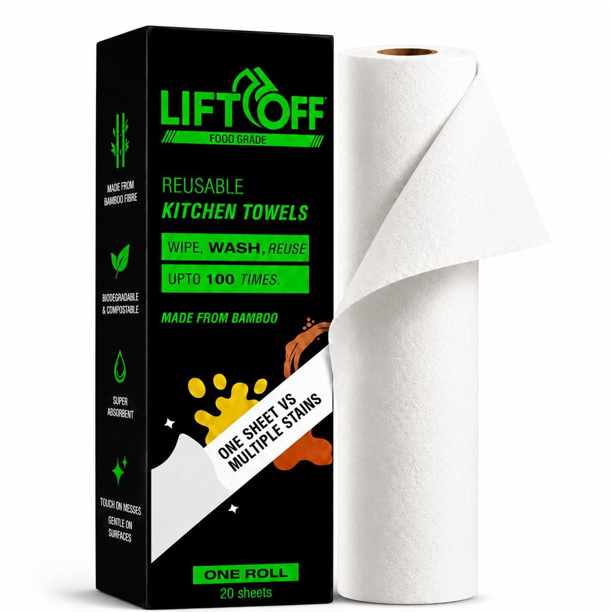 LIFTOFF Bamboo Cleaning Towel Roll, 20 Reusable Washable Sheets, Pack of 1 | Ultra Absorbent, Eco Friendly Paper Towel Replacement, For Kitchen, Dish, Counter & Surface Cleaning, Home Use