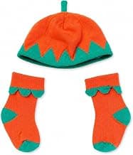 Baby Pumpkin Hat and Socks Set, Orange and Green | 0-24 Months, Cotton Blend Fabric, Halloween & Autumn Wear, Beanie with Matching Socks, Boys and Girls