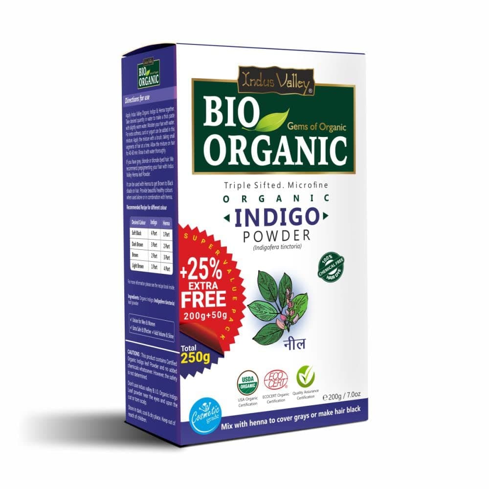 Indus Valley Bio Organic 100% Organic and Herbal Indigo Powder, for Natural Hair Coloring, Arrests Early Greying & Protects hair from Damage (200g+50g)