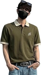LEOTUDE Men's Solid Olive Polo T Shirt with Beige Contrast Regular Fit