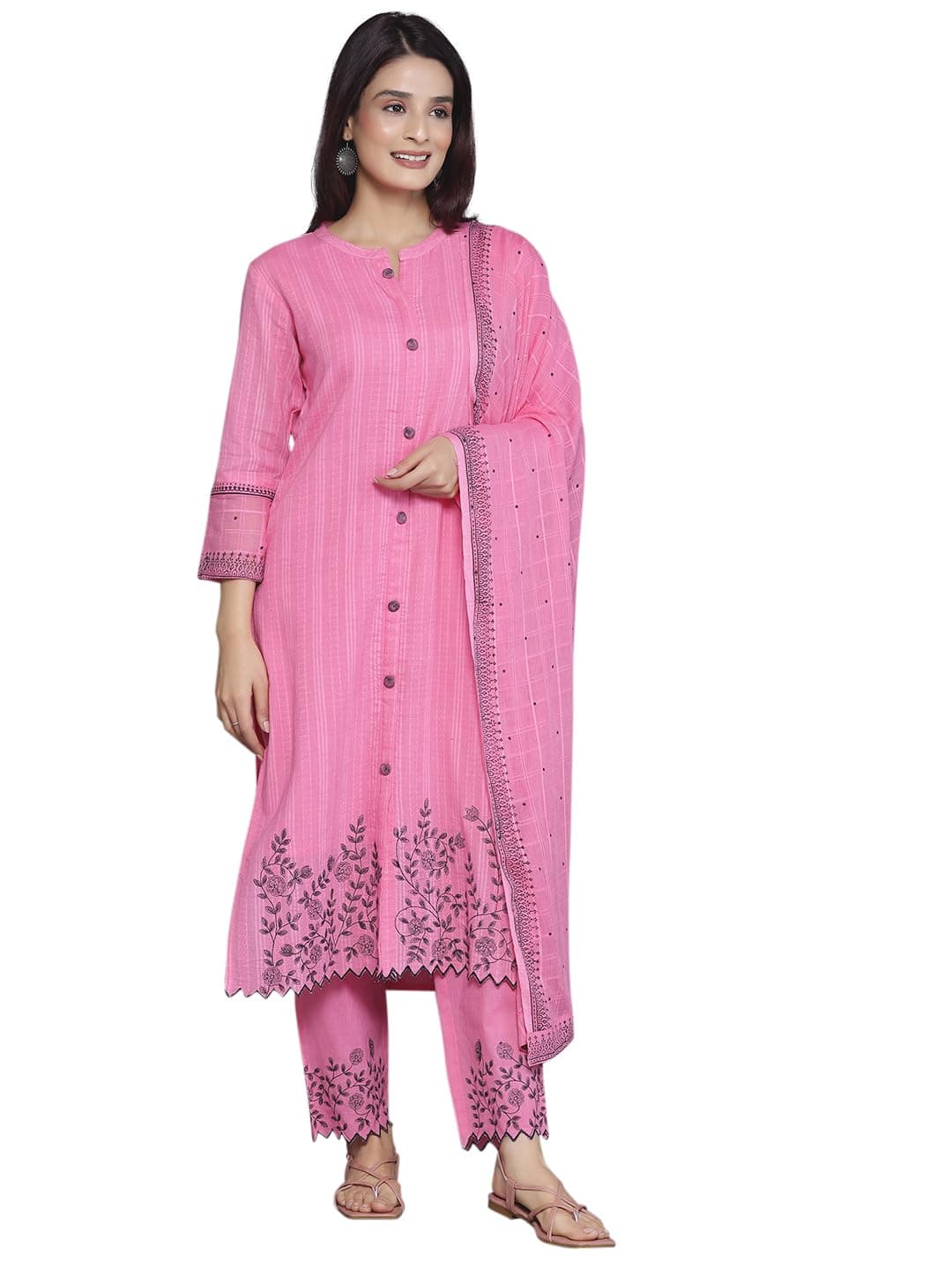 Libas Womens Woven Design Cotton Straight Kurta With Trousers and Dupatta | daily wear suit