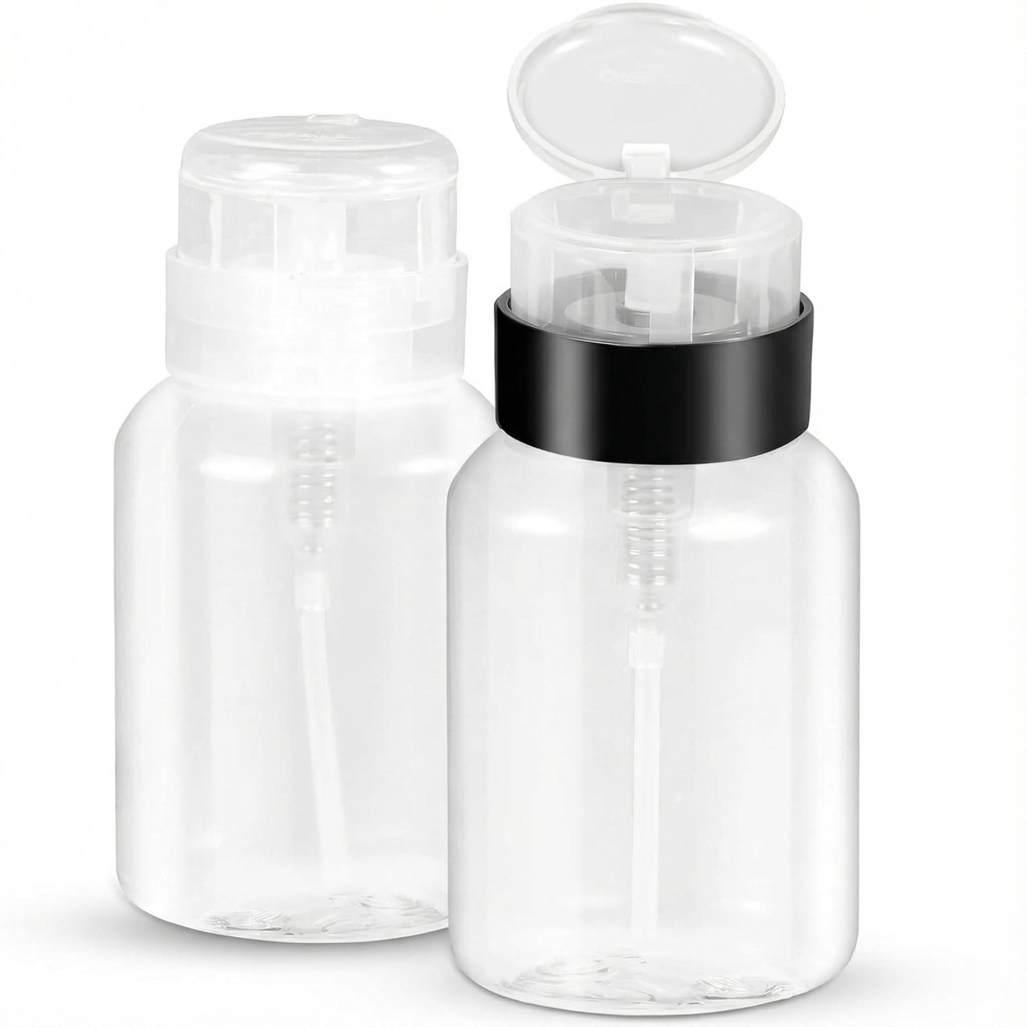 YAMYONE Plastic Pack Of 2 Push Down Empty Lockable Pump Dispenser Bottle For Nail Polish And Makeup Remover,200Ml(6.8Oz),Black Top Cap