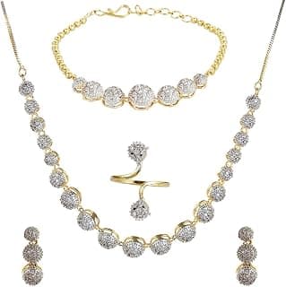YouBella Jewellery Set for Women American Diamond Combo of Choker Necklace Set with Earrings, Bracelet and Ring for Girls and Women