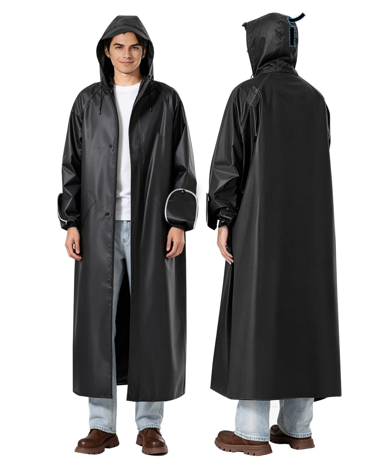 ISABRELLA Long Rain Coat for Men Waterproof, 15000mm H₂O Durable Oxford Unisex Raincoat with Adjustable Wide Brim Hood, Foldable Gloves & Double Zipper for Motorcycle Riding, Hiking (Black, S)
