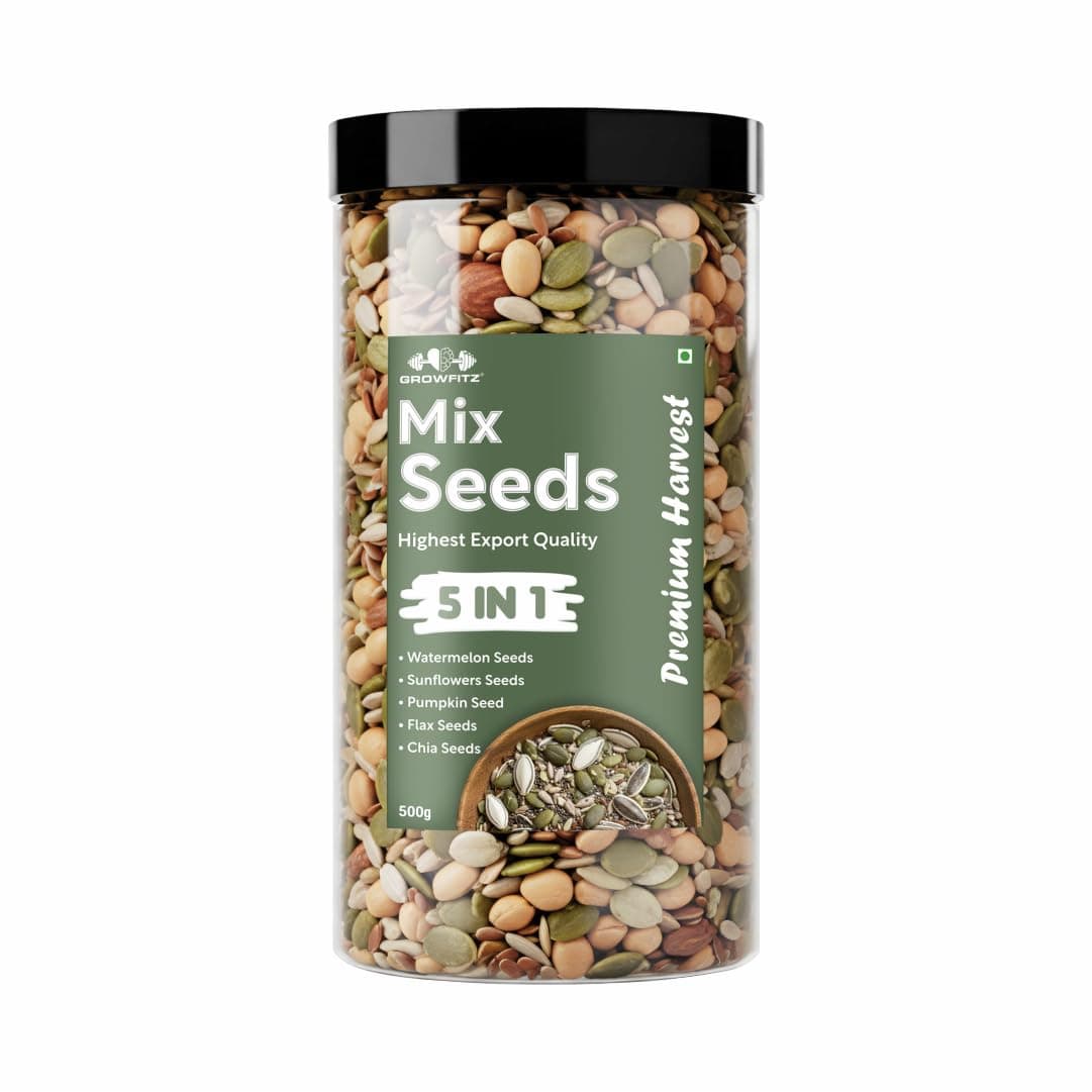 Growfitz 5-in-1 Super Seed Mix | 500g | 20.5g High Protein & Fiber | Roasted Pumpkin, Sunflower, Flax, Chia, Soy Nuts & Sesame | Healthy Snack | Export Quality Superfood