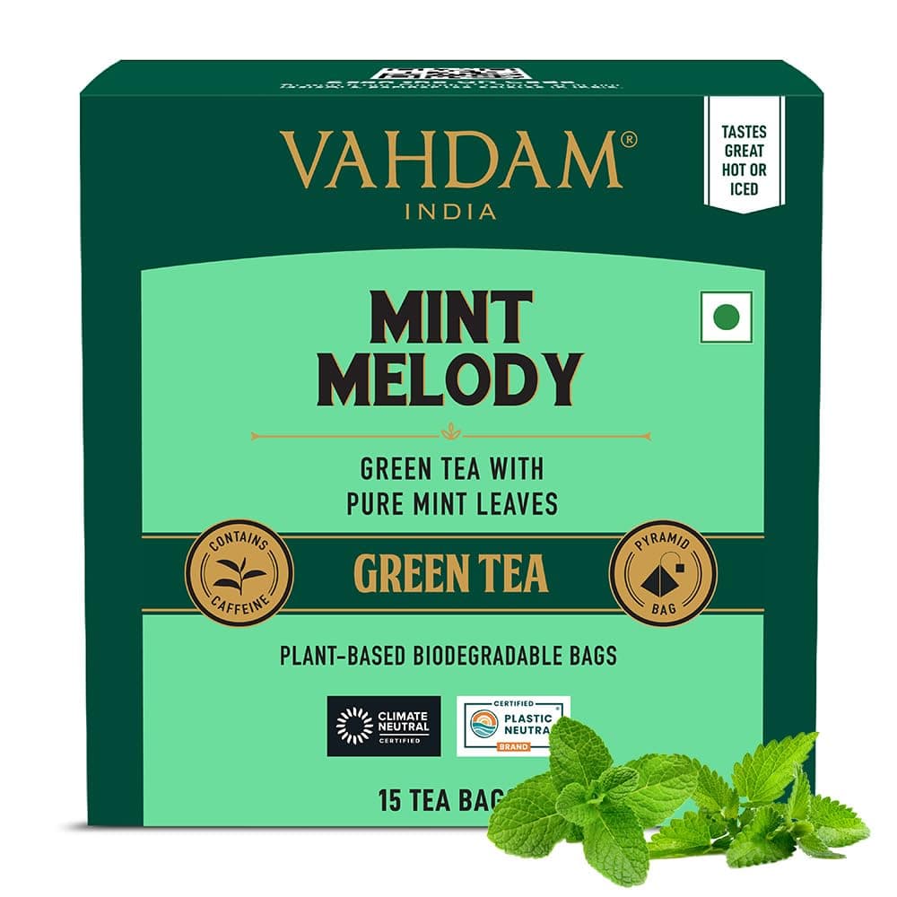 VAHDAM Mint Green Tea Bags (15 Count) Low Caffeine, Non-GMO, Gluten-Free, Naturally High Grown | Individually Wrapped Pyramid Tea Bags | Direct from Source