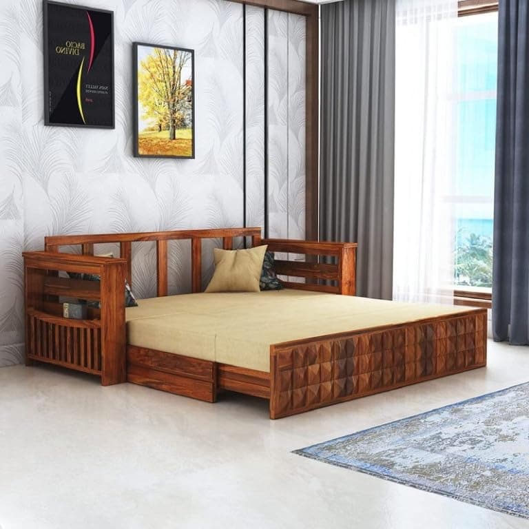 BHAGWATI ART Solid Sheesham Wood Sofa Cum Bed 3 Seater | Wooden Foldable Double Bed for Living Room with Headboard & Storage | Bed Cum Sofa with Mattress for Home | Diamond Design (Honey Finish)