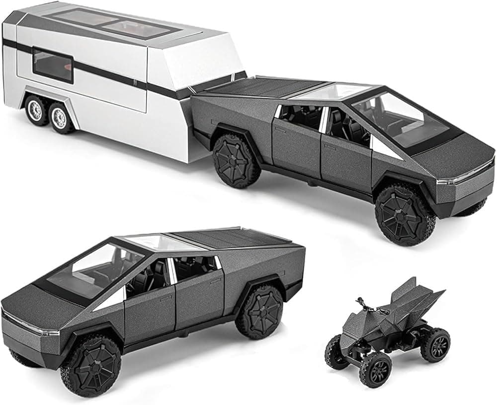 NISHCHAY ENTERPRISE Tesla Cybertruck Diecast Car 1:32 Scale | Metal Alloy Pickup Truck with Trailer, Sound & Light | Pull-Back Off-Road Toy Vehicle for Kids【Grey- Colour】