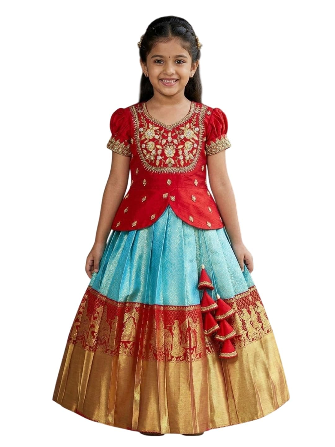 White Button Girls Jacquard New South Indian Traditional Pattu Pavadai Jecquard Readymade Lehenga Choli