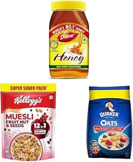 Dabur Honey – 1.2kg || Kellogg's Muesli Fruit Nut & Seeds 750Gl || Quaker Oats 1Kg, Rolled Oats
