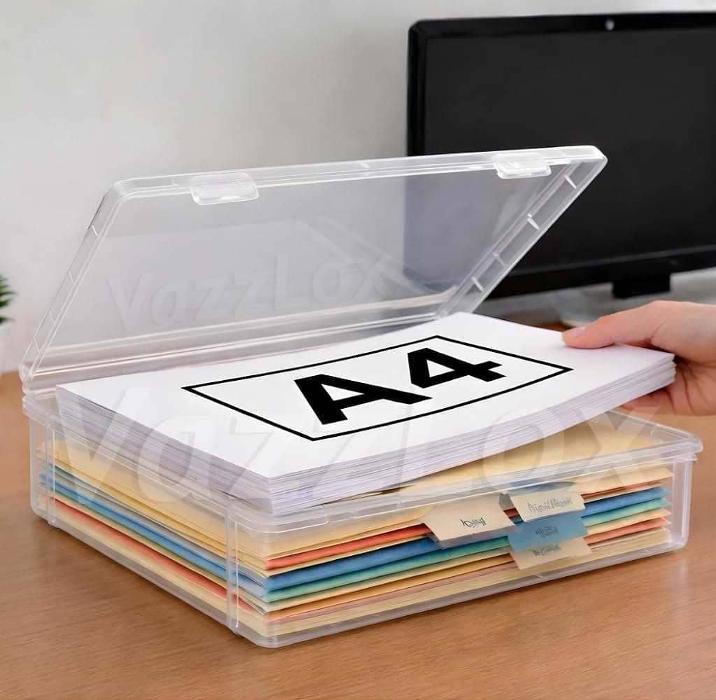 VazzLox A4 Clear File Storage Box (Pack of 1) Premium Plastic Box for Storage Lockable Document Storage Box A4 Paper Storage Boxes Organiser with Lid for Papers File Folders Certificates & Stationery
