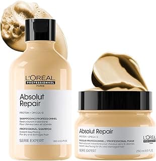 L'Oréal Professionnel Absolut Repair Shampoo & Mask for Dry & Damaged Hair - 300ml+250ml | Professional Routine for Strenghthening & Repairing Hair, Protein & Omega-9, For Men & Women